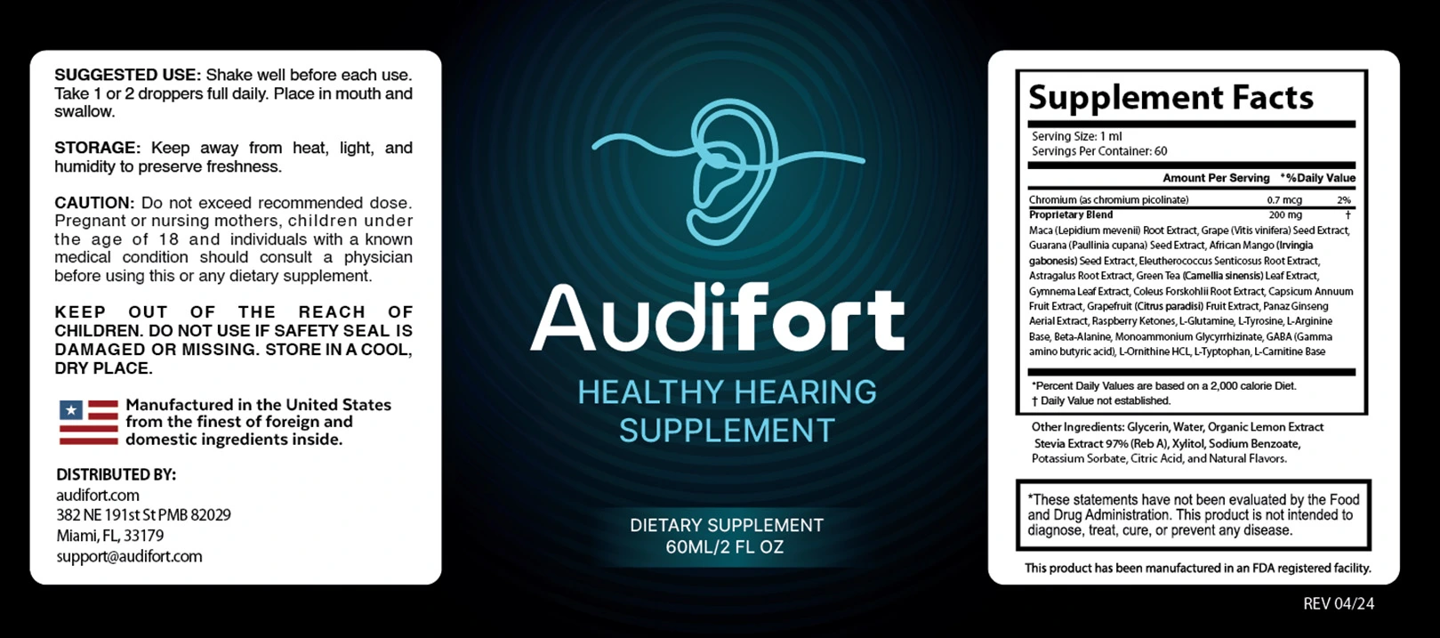 AudiFort label showing suggested use, warnings, Supplement Facts and proprietary blend