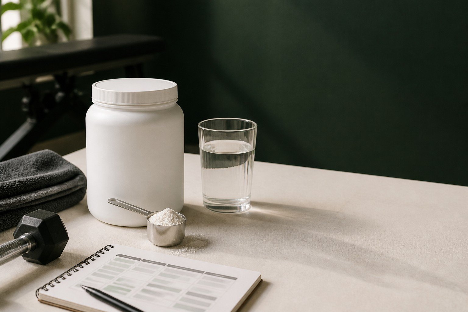 Unbranded white supplement tub with a powder scoop, water, notebook, towel and dumbbell in a calm training space
