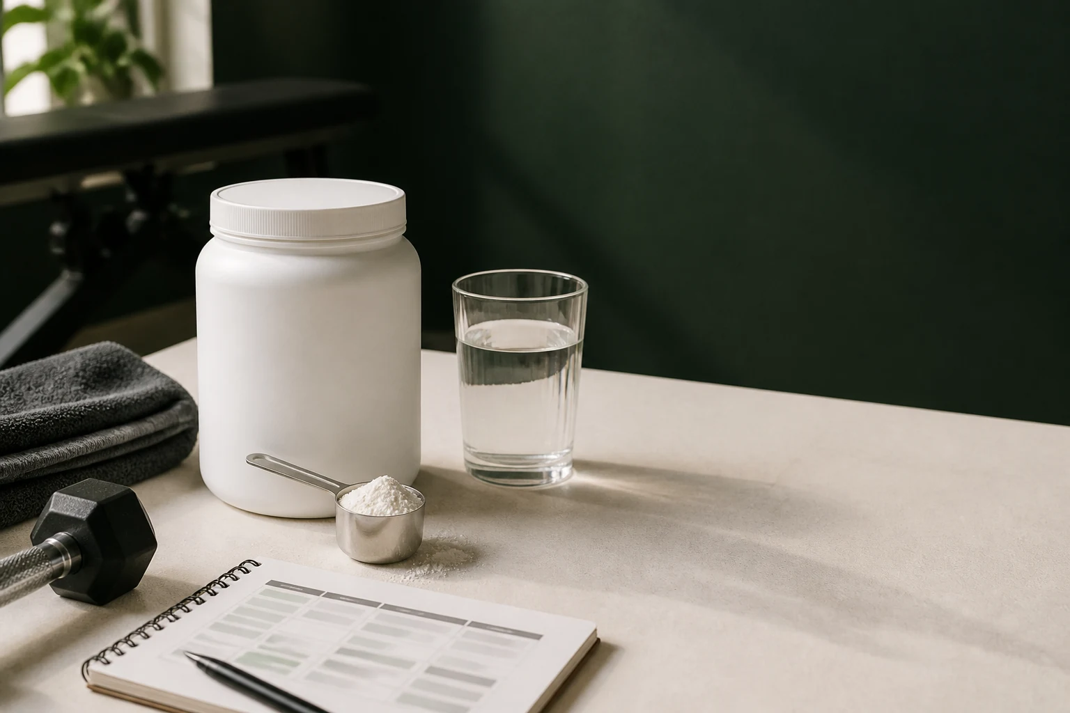 Generic creatine research scene with an unbranded container