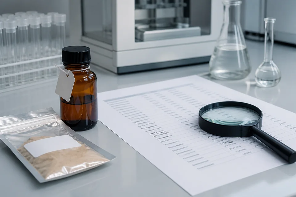 Laboratory sample, generic certificate and traceability notes arranged for certificate of analysis verification