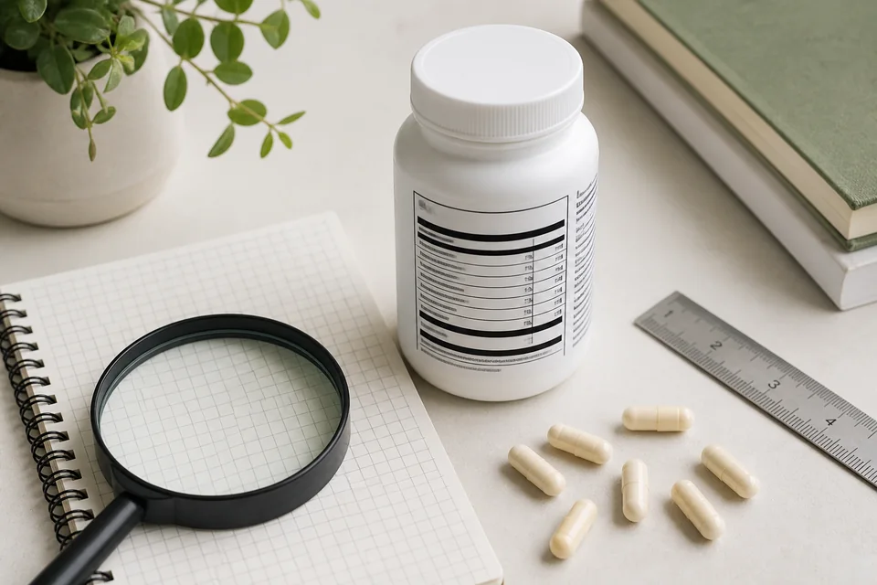 Generic supplement facts panel, capsule bottle, notebook and magnifying glass arranged for structured label research