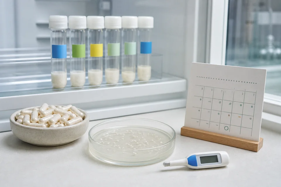 Generic probiotic capsules, culture imagery, calendar and refrigerated storage setting for label comparison