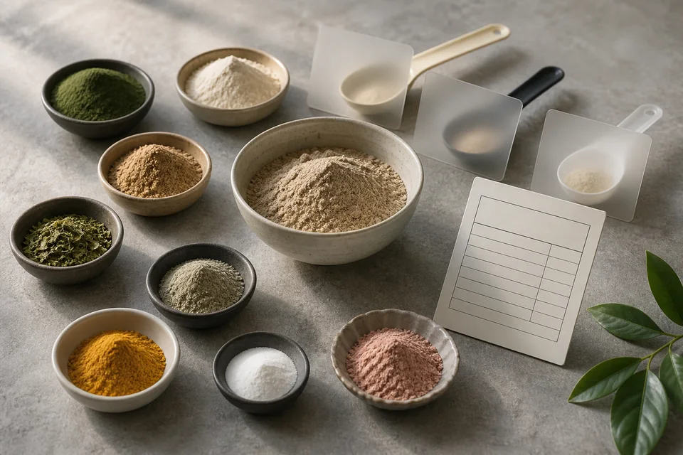 Several generic ingredient powders and scoops grouped around one combined blend measurement