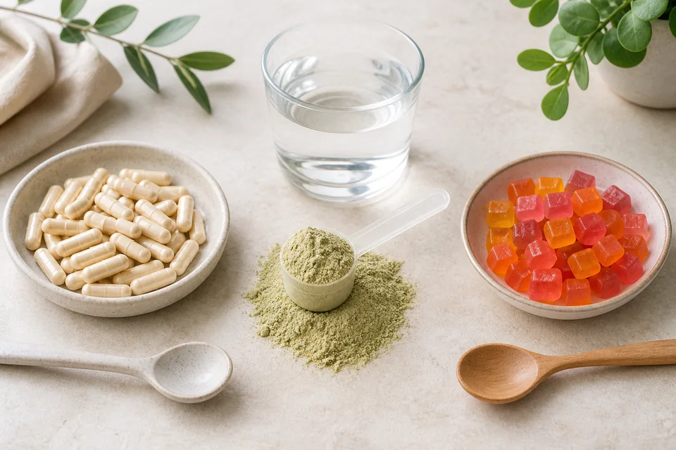 Generic capsules, powder and gummies shown side by side with their complete serving formats