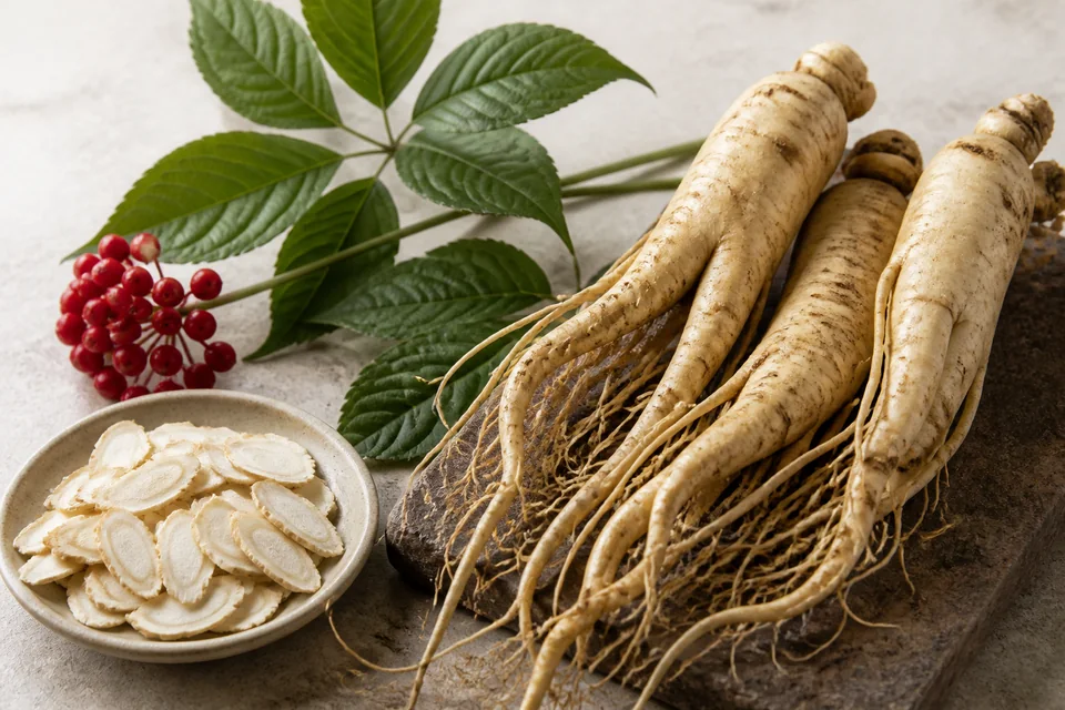 Realistic editorial still life illustrating Asian ginseng