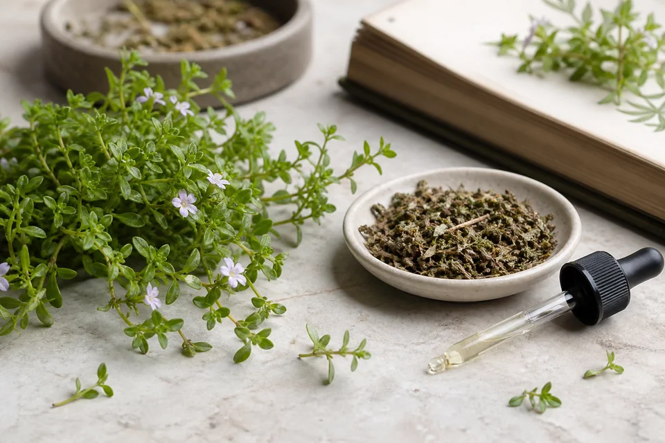 Realistic editorial still life illustrating Bacopa monnieri