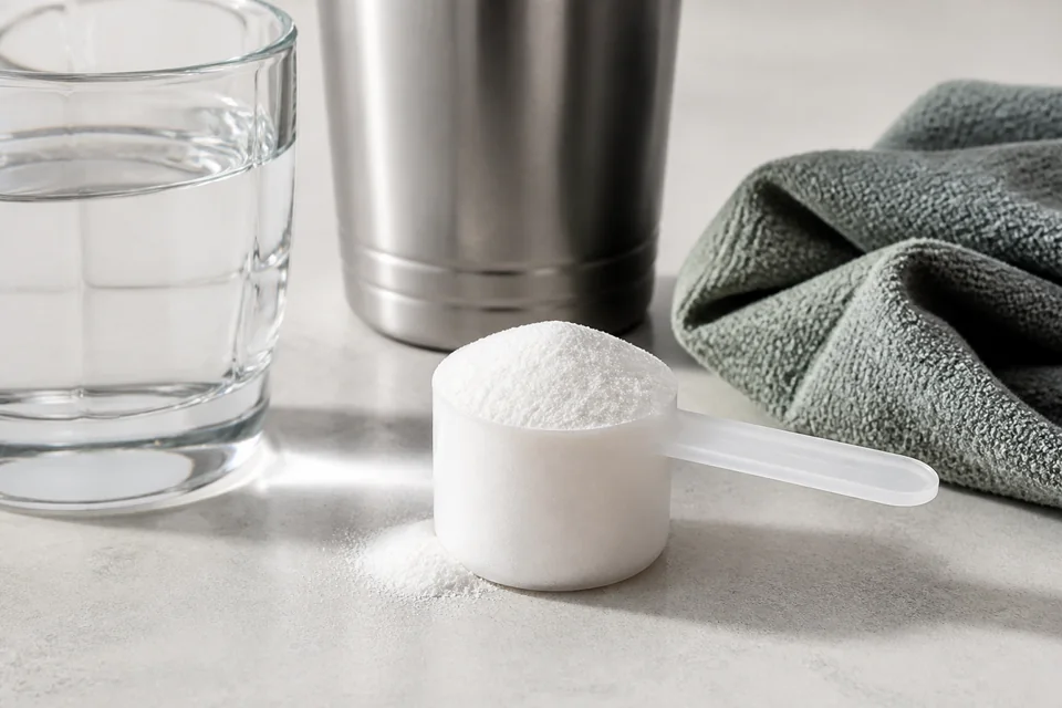 Realistic editorial still life illustrating Creatine