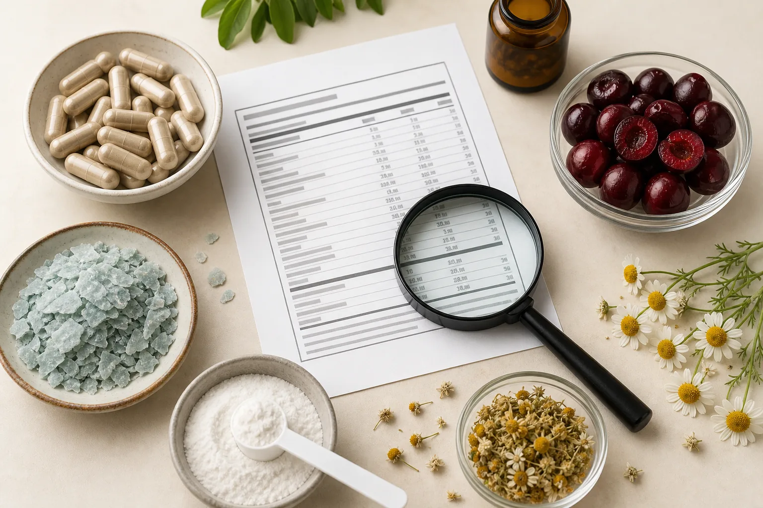Unbranded ingredient research desk with botanical samples, capsules, label notes and evidence records