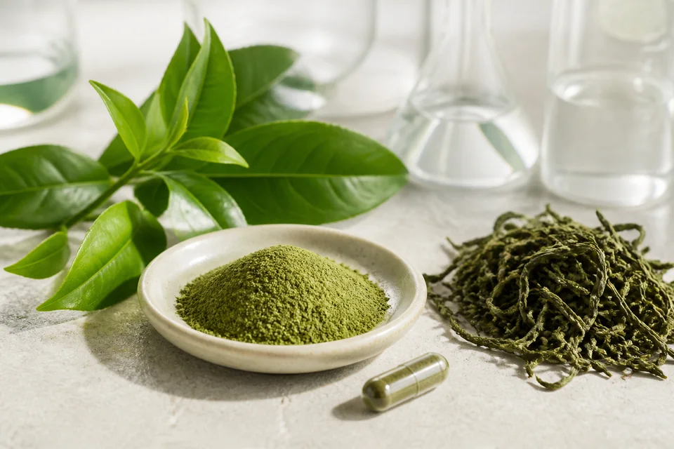 Realistic editorial still life illustrating Green tea extract