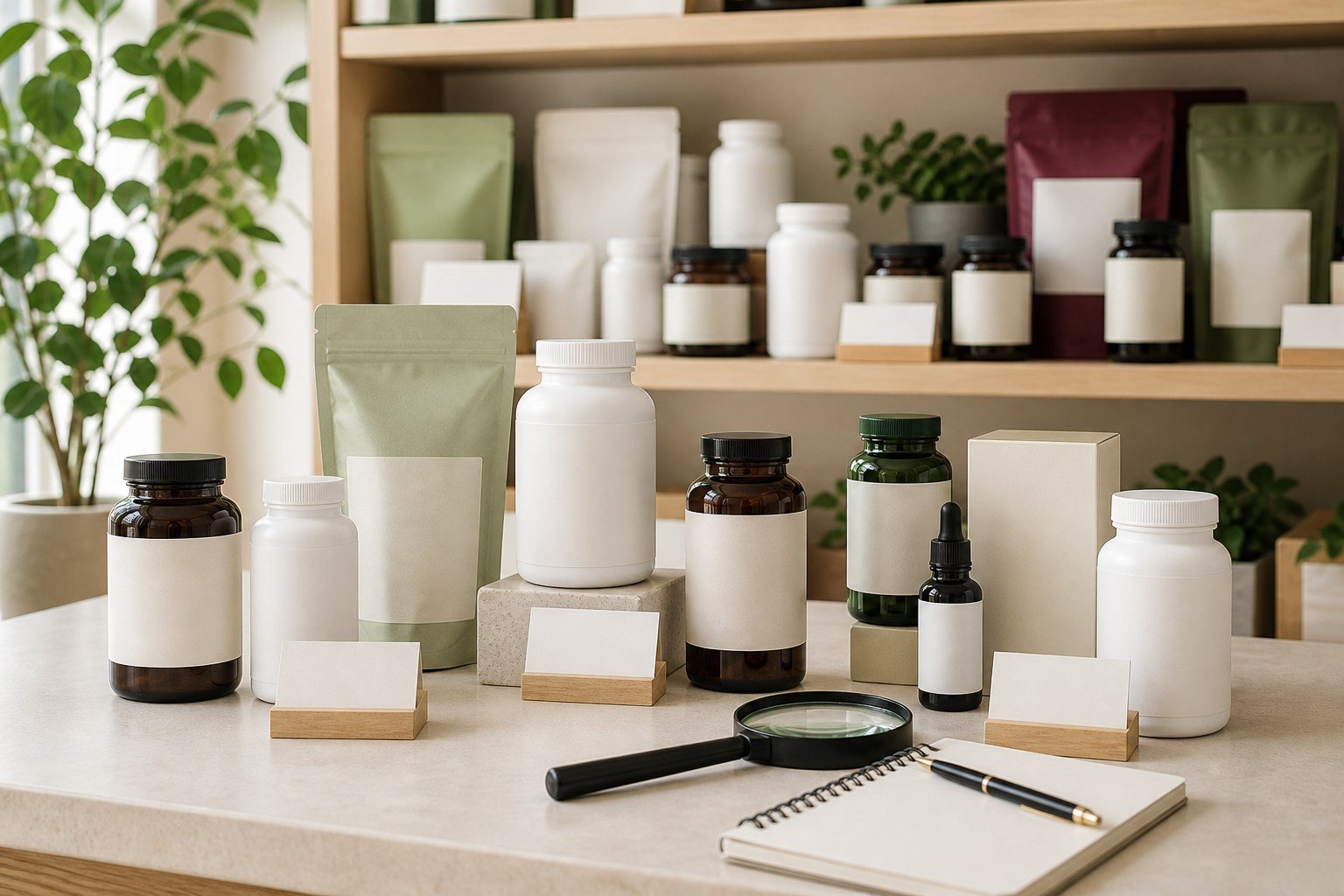 A curated selection of completely unbranded supplement containers prepared for product comparison