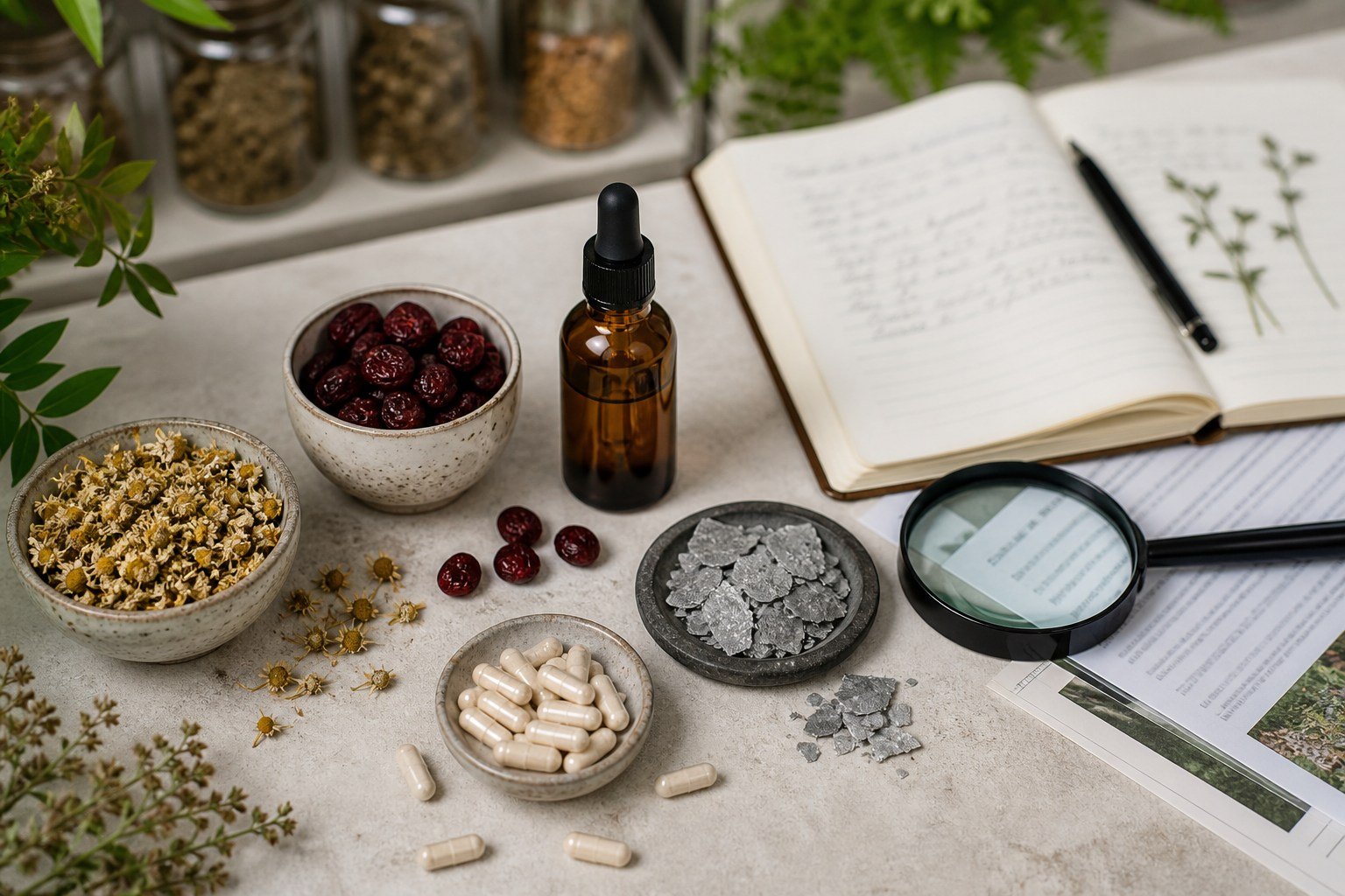 Botanical ingredients, capsules, mineral samples and research notes arranged for evidence review