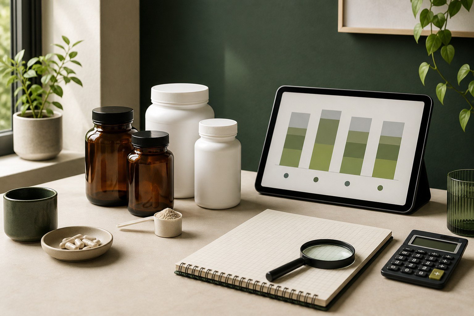 Unbranded supplement containers beside a tablet, calculator, notebook and magnifying glass for structured comparison