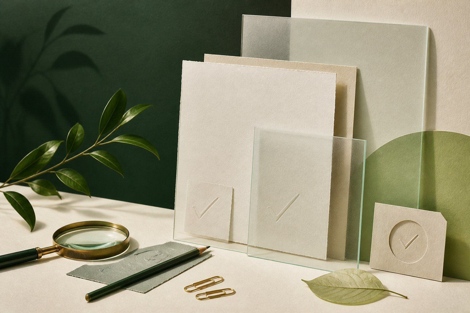 Abstract laboratory verification scene with a document, seal, sample bottle and inspection marks