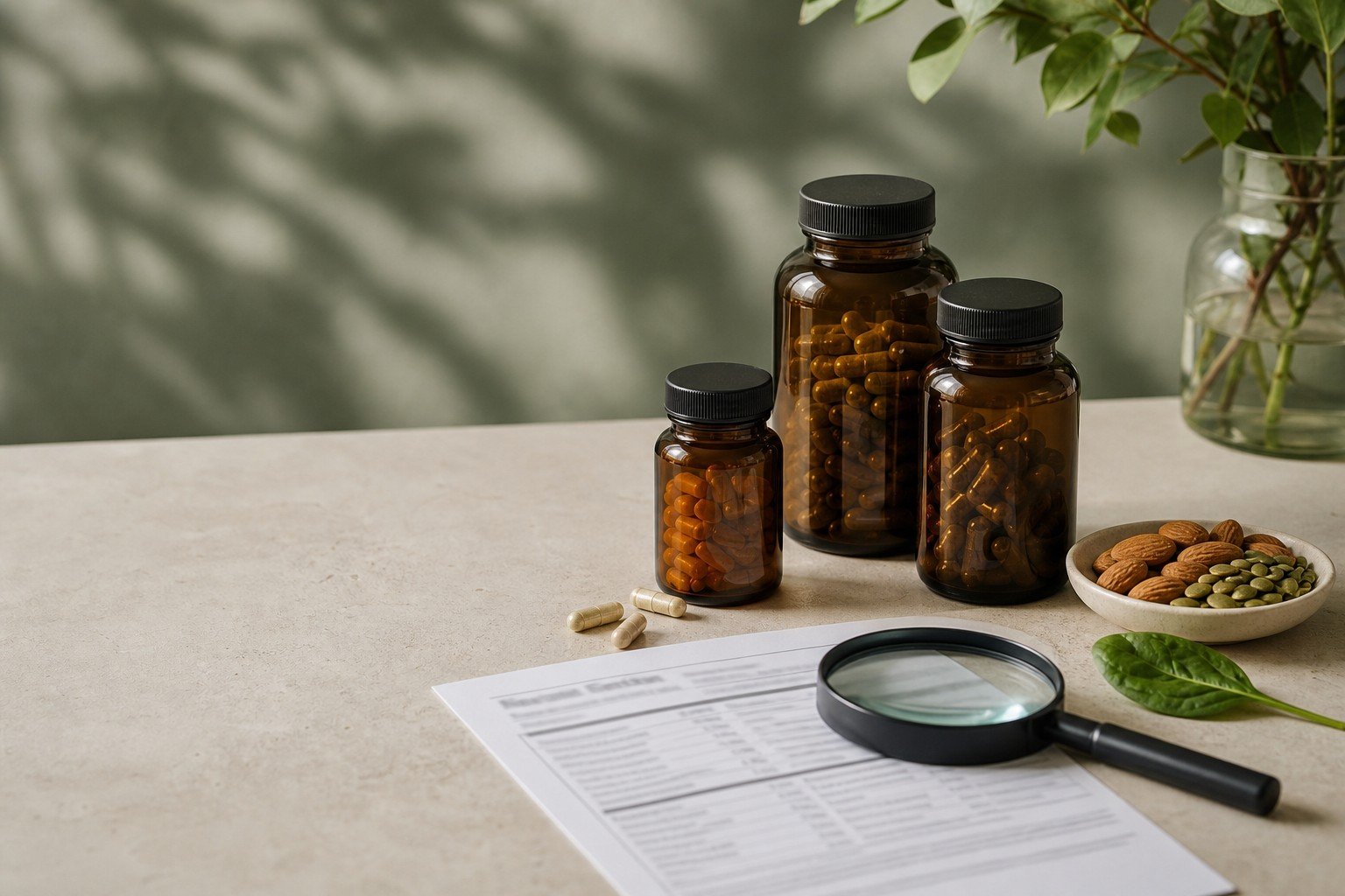 Unbranded amber supplement bottles, capsules, nuts, seeds and a magnifying glass arranged for label research