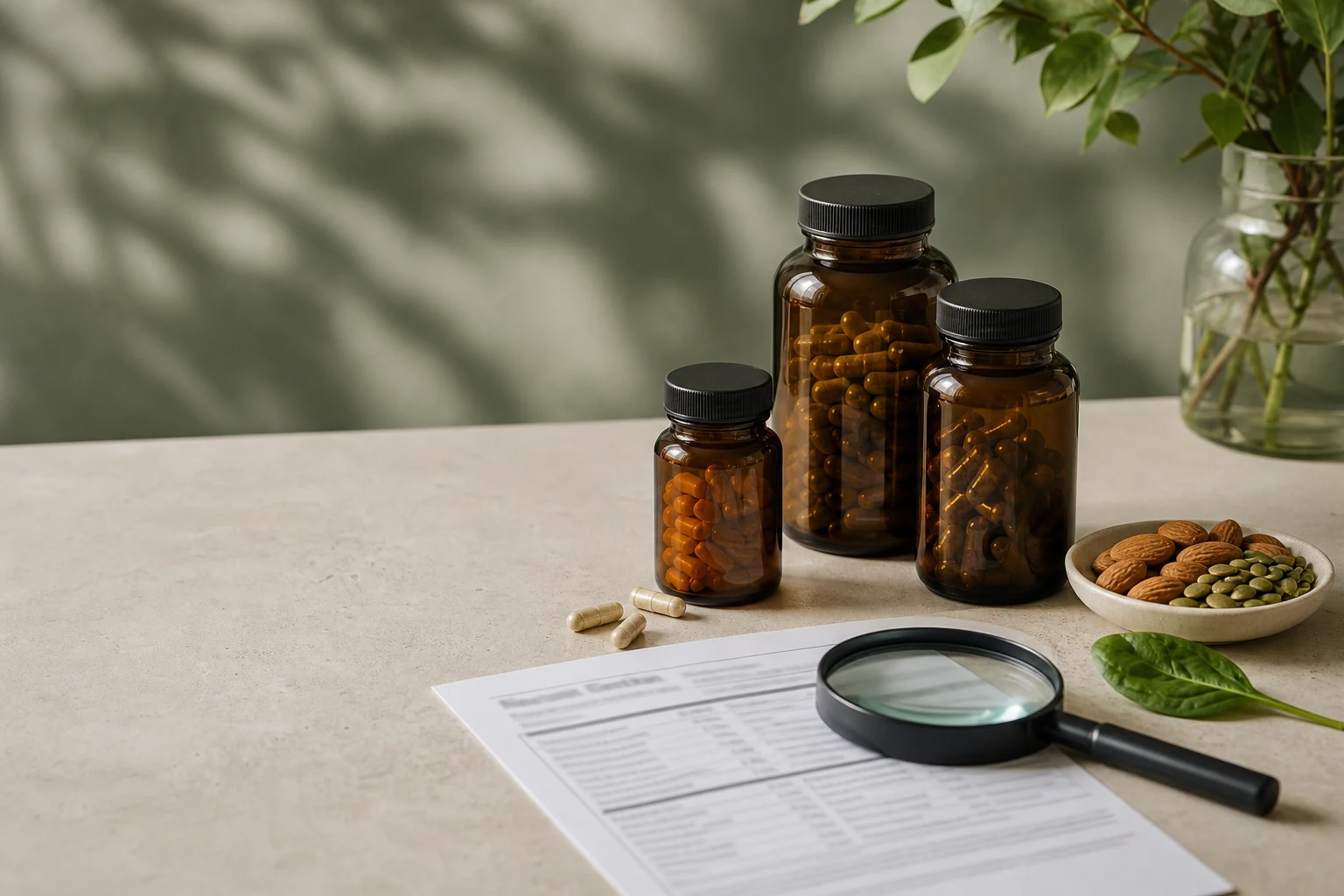 Unbranded magnesium research scene with supplement containers and notes
