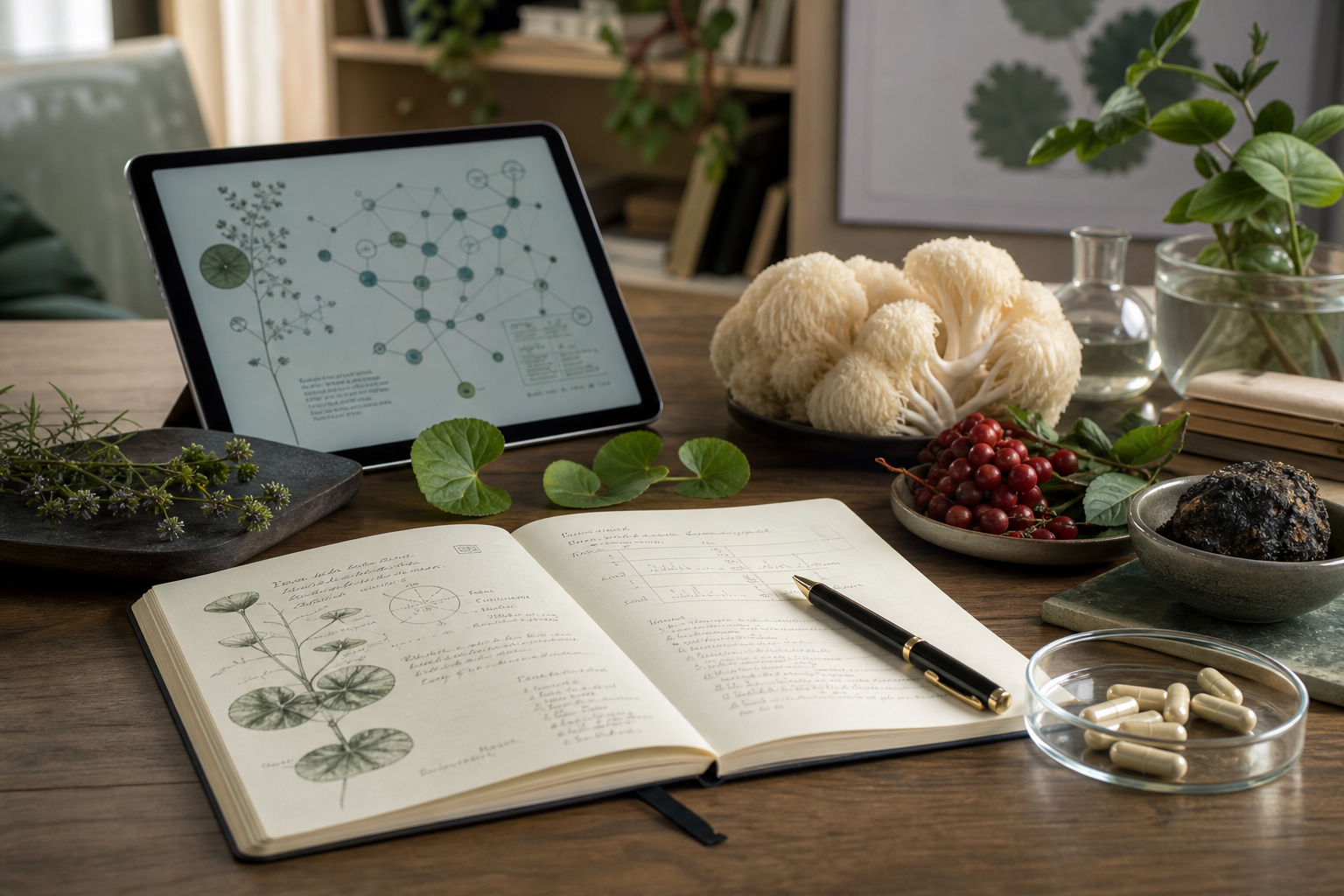 Unbranded cognitive supplement research workspace with botanicals and evidence notes