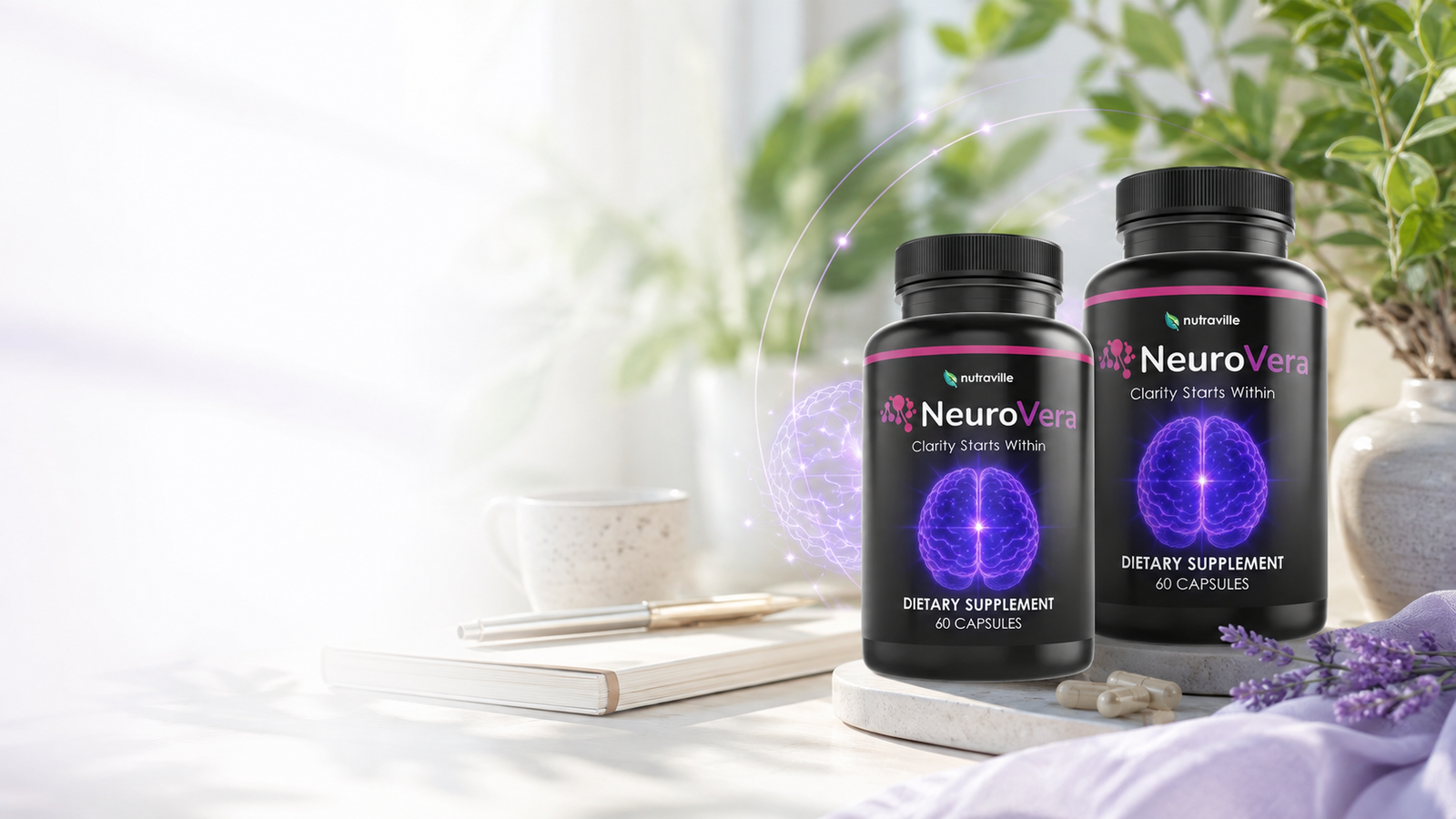 Authorized AI-assisted NeuroVera illustration with two branded supplement bottles in a bright editorial setting