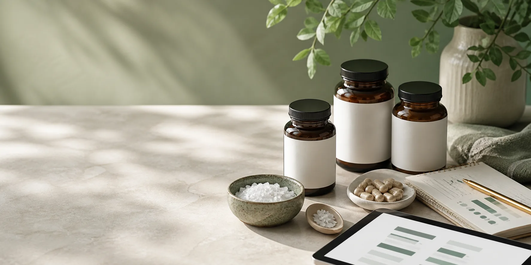 Unbranded supplement containers, a notebook and a tablet on a research desk