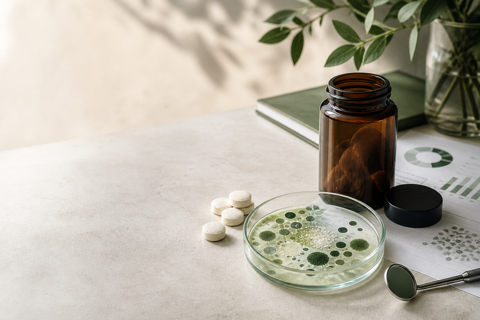 Unbranded oral probiotic research scene with tablets, a petri dish, evidence charts and dental mirror