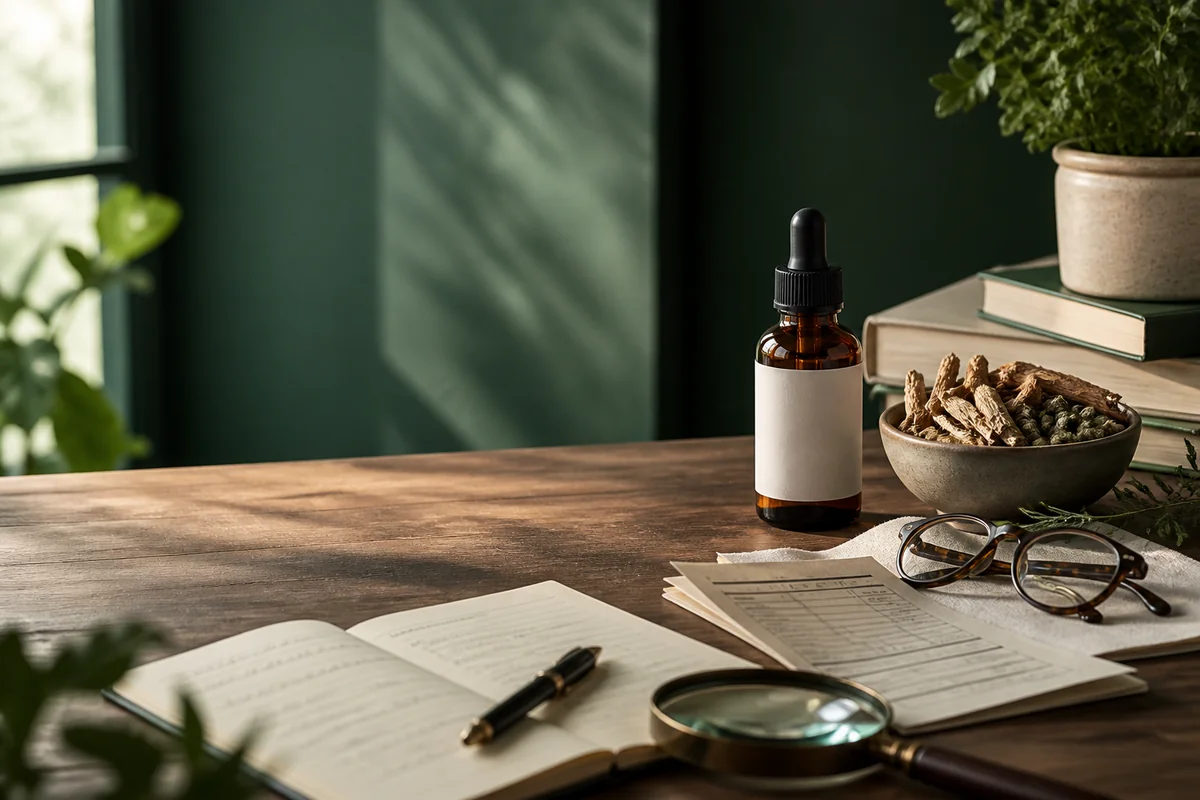 Unbranded botanical supplement research desk with blank dropper bottle, notebook, reading glasses and magnifying glass